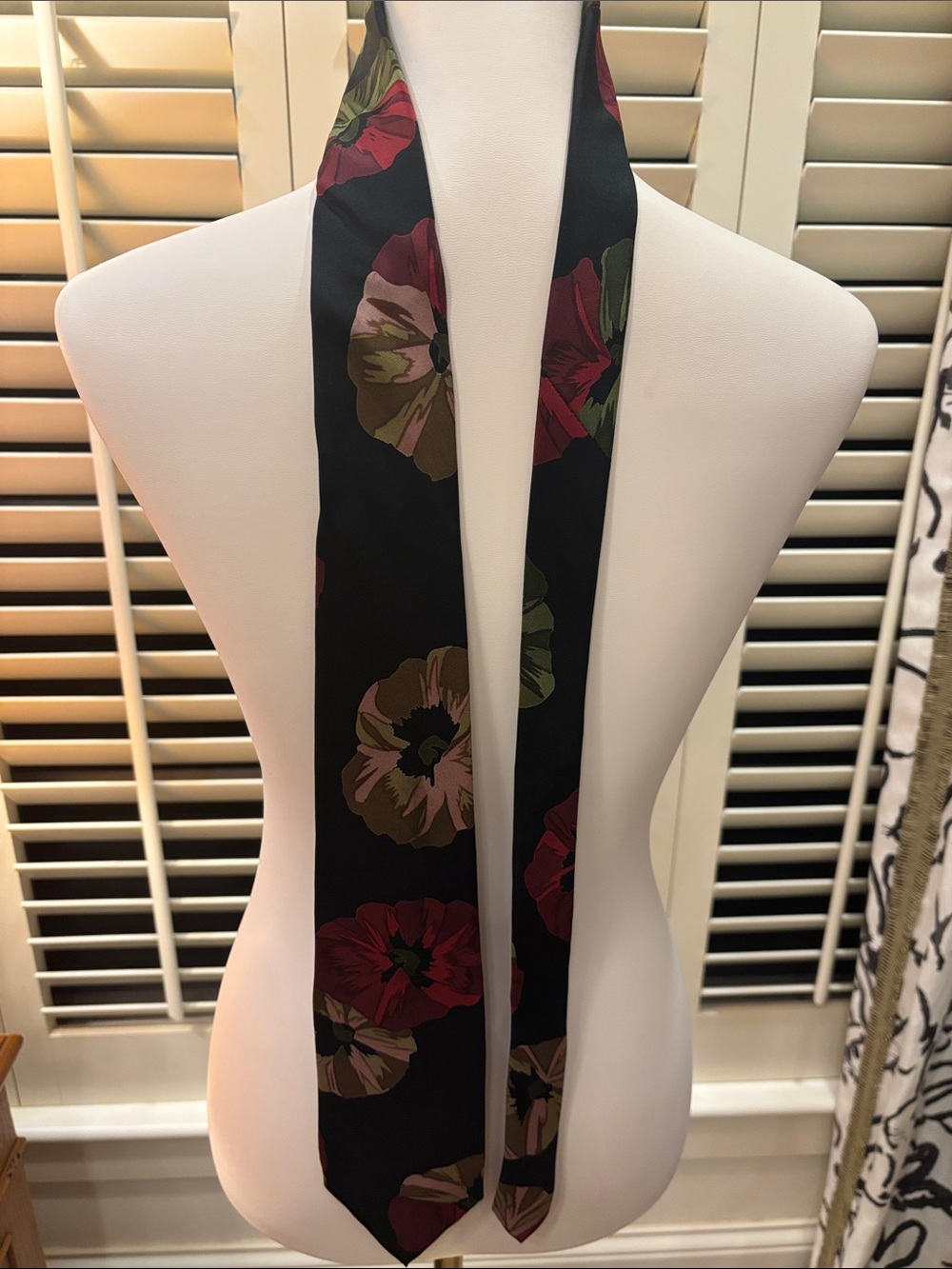 Silk Floral Skinny Scarf - Black with Red & Olive Flowers